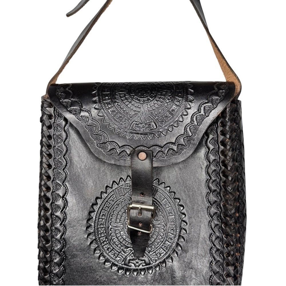 Hand Tooled Mexican Leather Crossbody Bag Black Artisan Boho Satchel OS - Picture 3 of 10